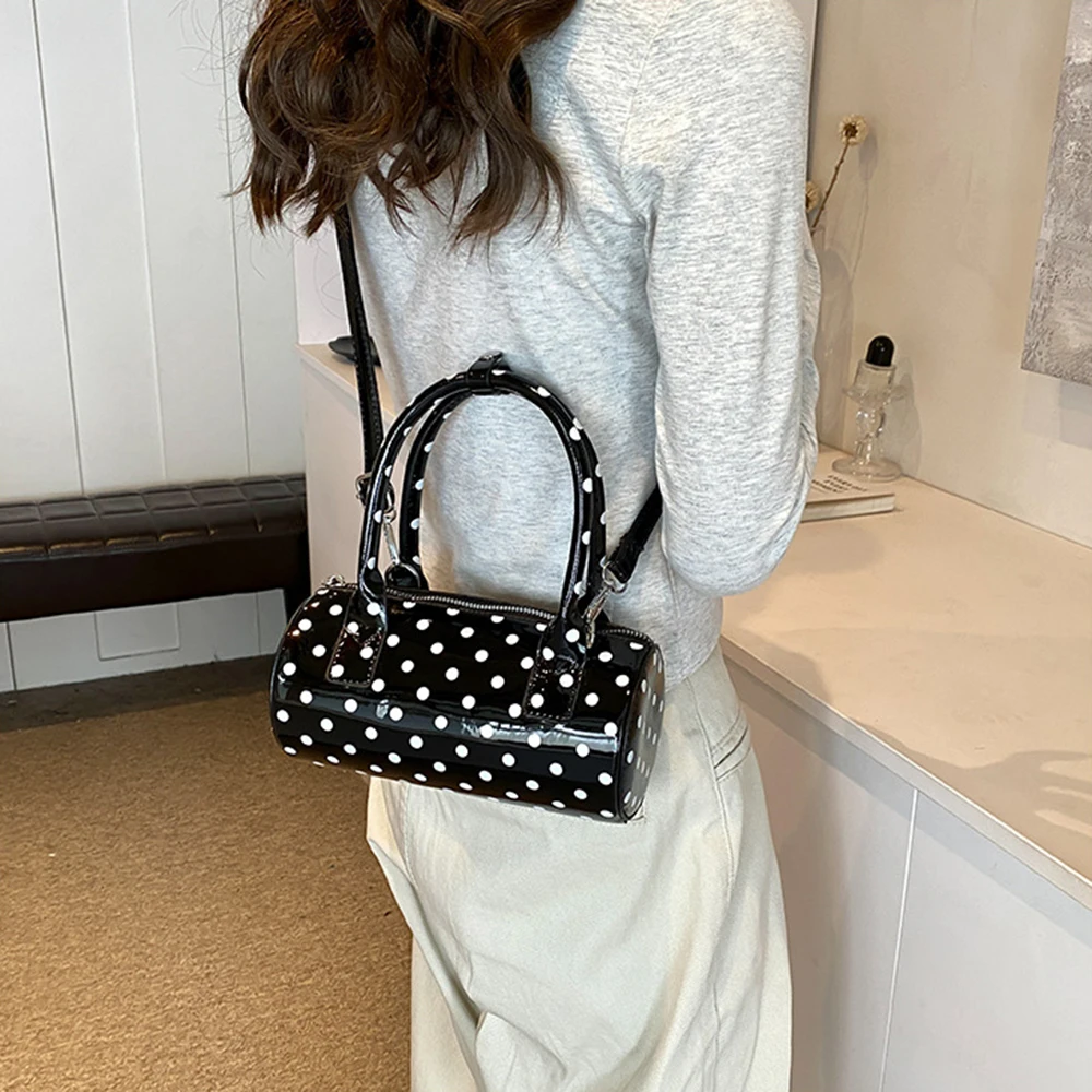 

PU Leather Women Cylindrical Bag Waterproof Versatile Polka Dot Handbag Korean Style Adjustable Strap Crossbody Bag Daily
