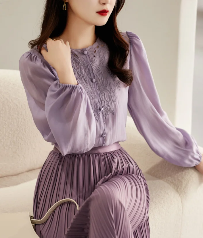 Chemisier à manches longues et col rond pour femme, Style français élégant, broderie de tempérament, manches lanternes, petit haut, printemps et automne