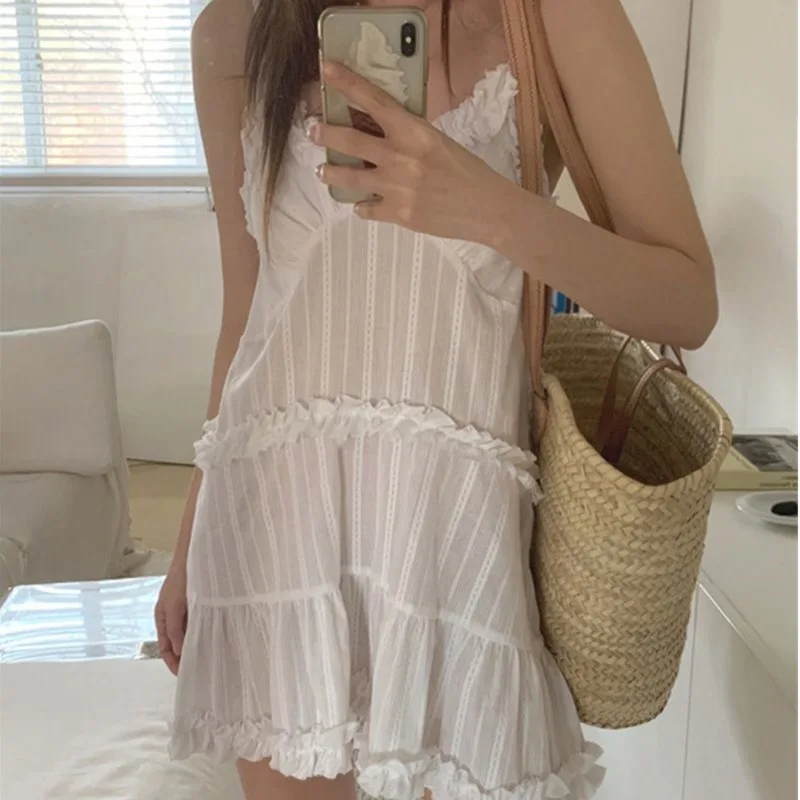 

Korean Fashion Vintage White Dress Women Summer Wave Lace Design V-neck Sleeveless Elegant Suspender Mini Dresses 2023 Vestidos