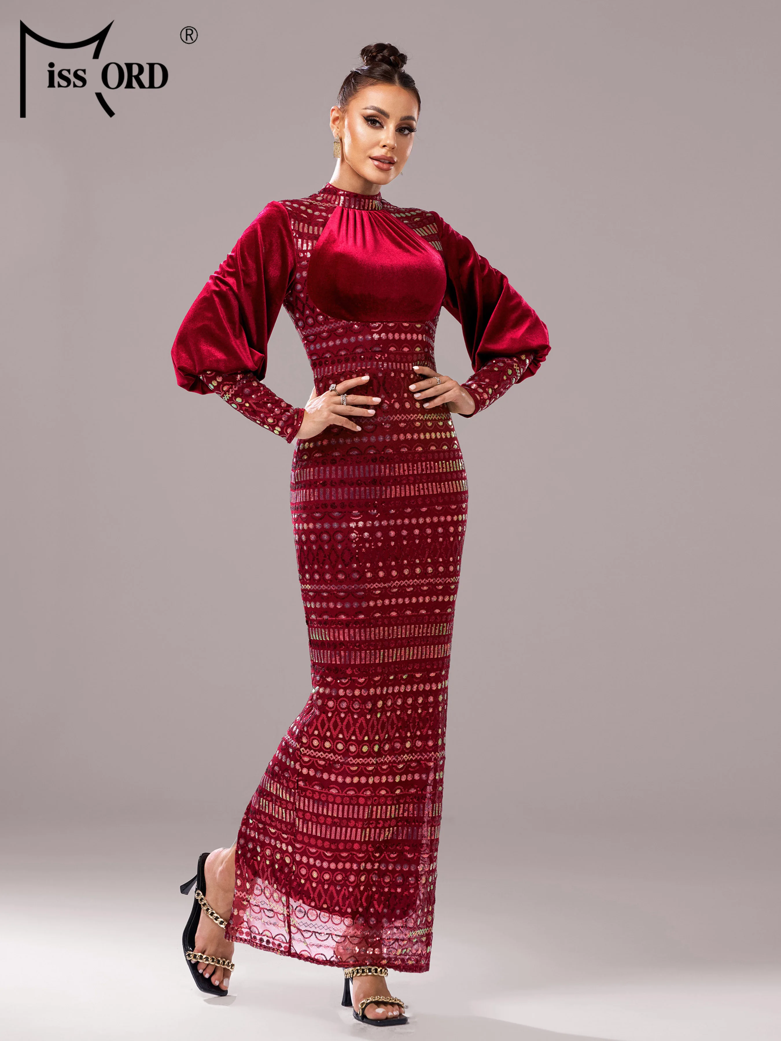 Missord Round Neck Lantern Sleeves Panel Wedding Birthday Sequin Party Mermaid Evening Formal Occasion Elegant Beautiful Dress