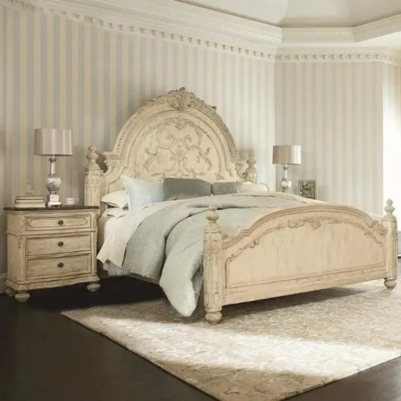 American luxury solid wood carved bed French antique old bedroom double bed