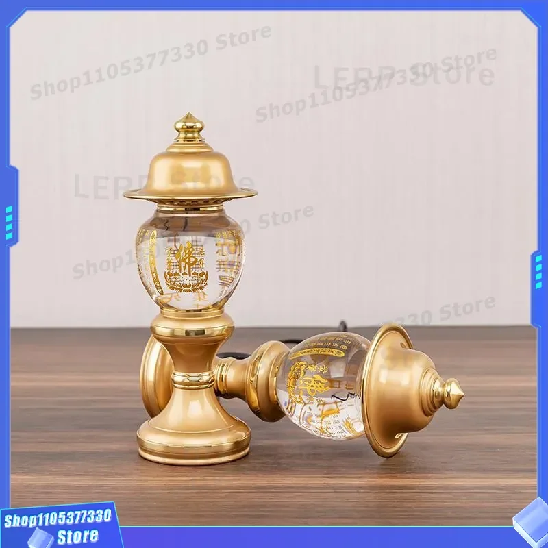 Brass Buddha Lamp LED Heart Sutra Crystal Lotus Light for Guanyin God of Wealth Guan Gong Two Color Decorative Front Table