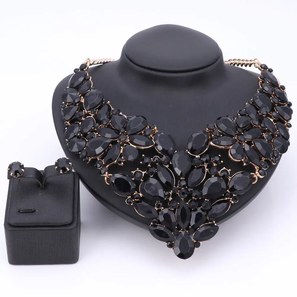 

Luxury Wedding Bridal Accessories Statement Jewelry Sets For Women Black Rhinestones Crystal Necklace Earrings Holiday Party Set