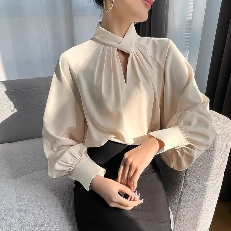 Women\'s Korean Fashion Hollow Ruffled Elegant Blouse Office Lady Stand Collar Business Casual Shirt Long Sleeve Solid Loose Tops