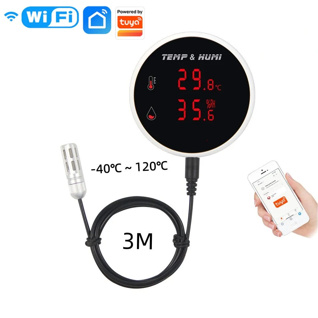 Tuya WiFi Temperature Humidity Senor External Probe 3M With LCD Screen Remote Alarm Indoor Thermometer Hygrometer Smart Life APP