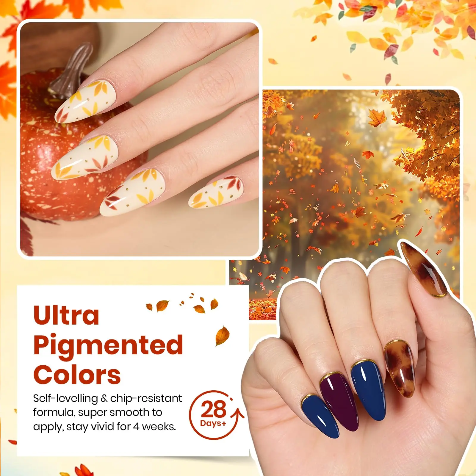 Beetles Fall Gel Nail Polish Set Waltz of Leaves Collection orange, red, purple and blue shades for cozy 36 Autumn Colors Nail Art Manicure Kit Rich Color & Smooth Coverage DIY Manicure Set