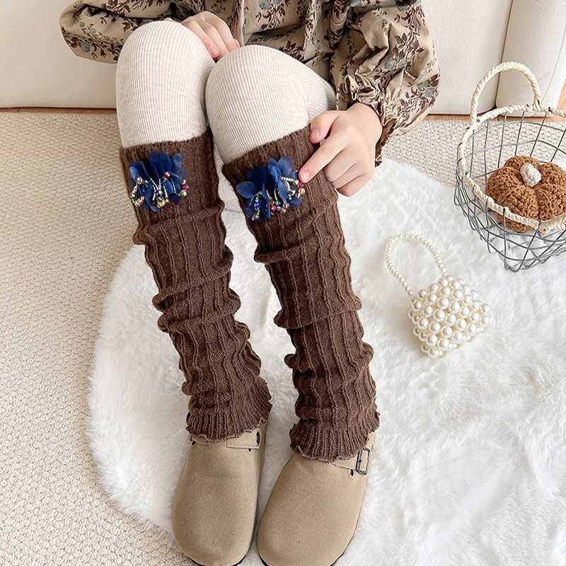 Princess Style Girls Decorative Knit Leg Warmers Exquisite Beaded Blue Floral Stretchy Breathable Knit Romantic Sweet Leg Decor - view 2