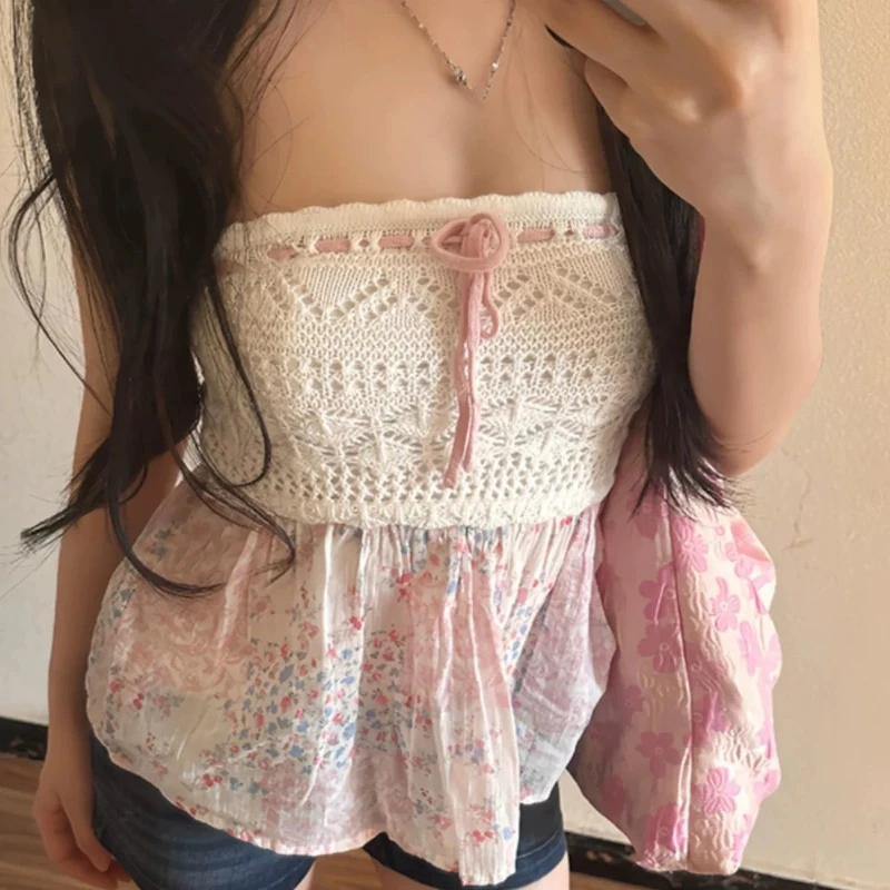 

Summer New Sexy Spice French Elegant Ladies Top Lace Patchwork Halter Vest Floral Skirt Design Hollowed-Out Strapless Tops