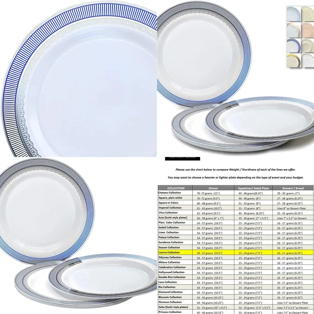 

120-Piece Heavyweight Plastic Wedding Plates Set, 7.5 Appetizer/Dessert, White/Blue & Silver Louvre Design
