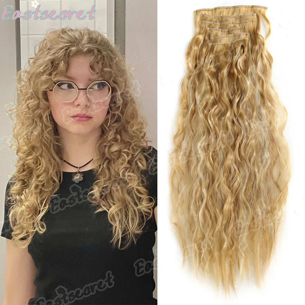 وصلات شعر صناعية 16 مشبك في 6 قطعة مجموعة مجعدة 24 بوصة مشبك طويل على قطعة الشعر الذرة متموجة نمط للنساء الفتيات حفلة يومية #1