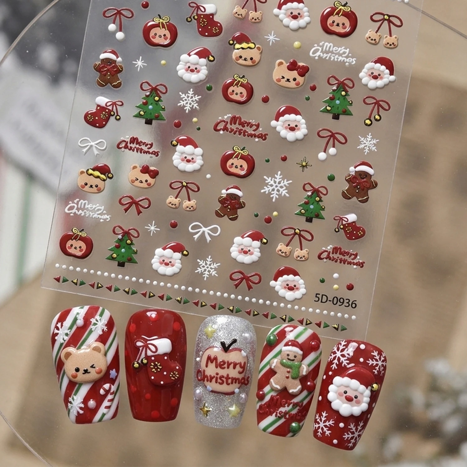1Pcs 5D Santa Gingerbread Man Bear Nail Stickers Christmas Apple Bow Sock Snowflake Xmas Tree Nails Decals Winter Manicure Decor
