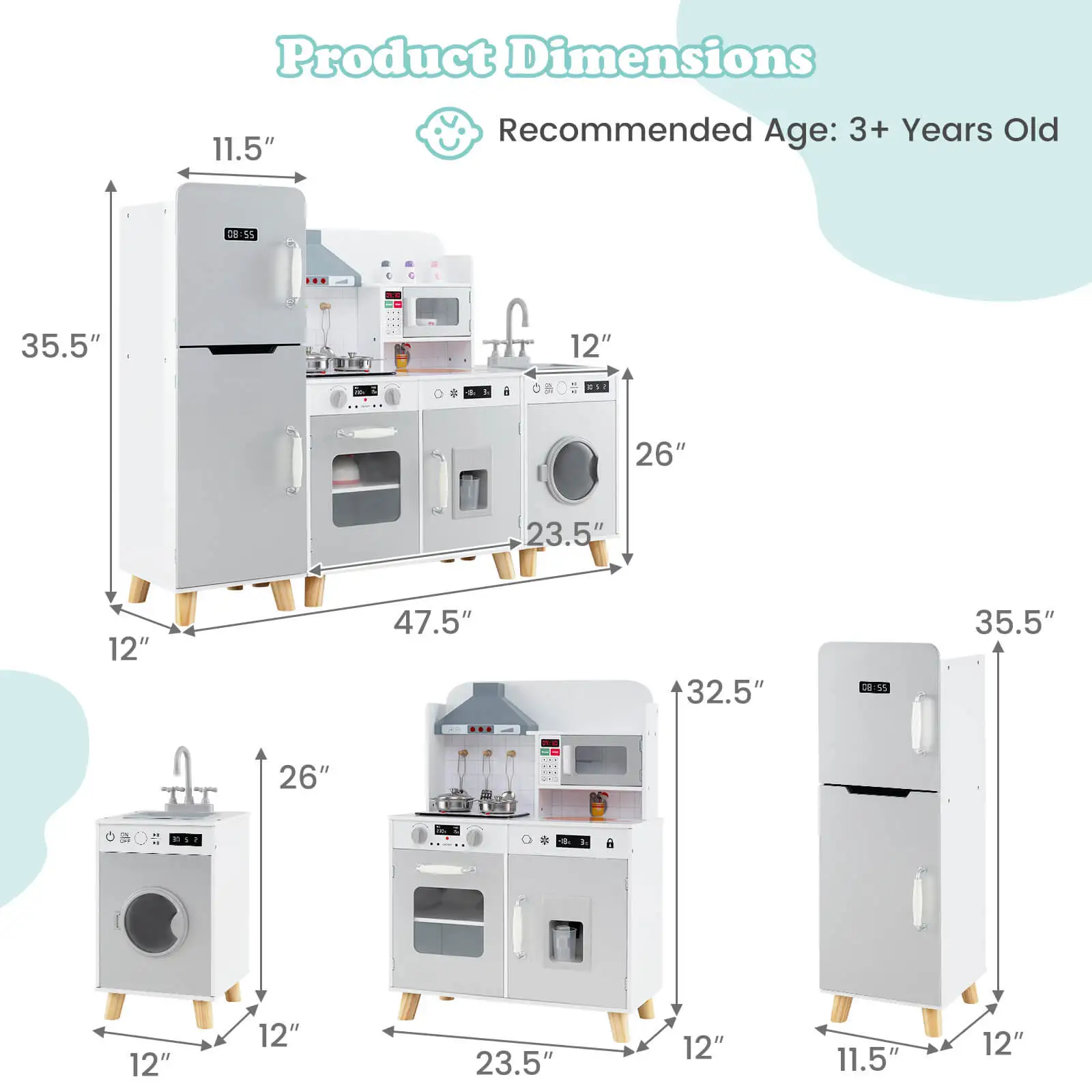 Cozinha Toy Set com geladeira, máquina de lavar roupa, Ice Maker Fogões, 3 em 1