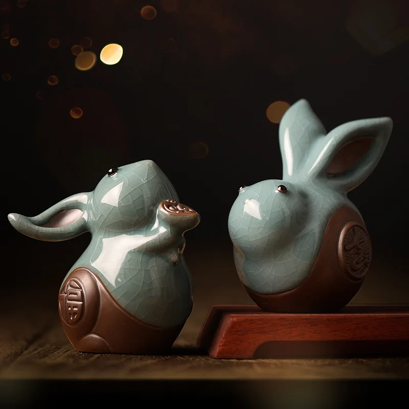 Creative Ceramic Ge Kiln Twelve Zodiac Rabbit Year Small Animal Decoration Cute Bunny Tea Table Tea Ceremony Tea Ornaments Decor