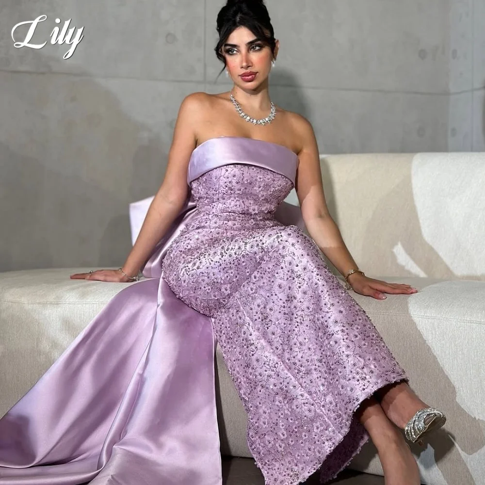 فستان حفلة موسيقية أرجواني من Lily بدون حمالات فستان حفل ترتر بدون أكمام فستان المشاهير مع فستان سهرة بطيات على شكل فيونكة حسب الطلب #3