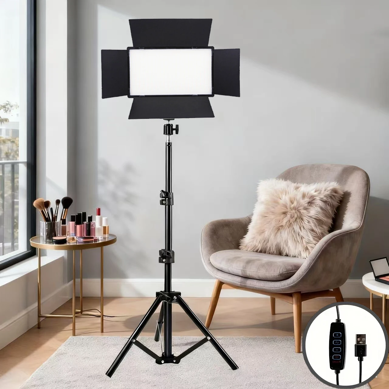 

LED video photography atmosphere fill light 9-inch square 43 inch tripod USB power supply 3 light colors adjustable 4 leaf baffl