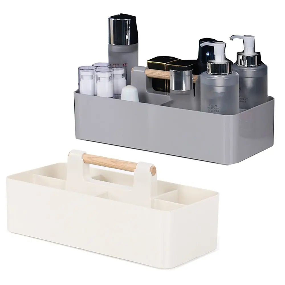 

Multi-compartment Desk Organizer Plastic Wood Handle Stationery Finishing Box Portable Widely Use Desktop Storage Case Makeup