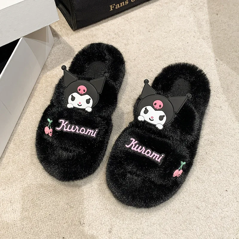 Sanrio Kulomi cartoon fashion thick bottom non-slip one-word drag women wear new plush warm cute cotton slippers in winter