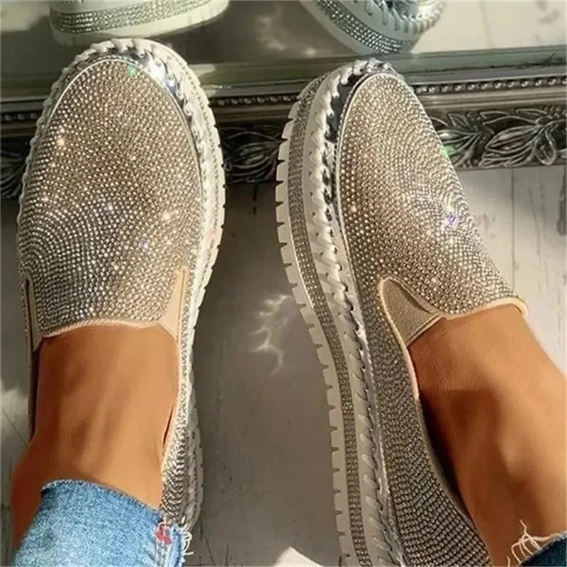 Ladies Flat Sequined Sneakers Casual Women\'s Mesh Lace-up Fine Diamond Sequins Thick-soled Comfortable Vulcanized Shoes