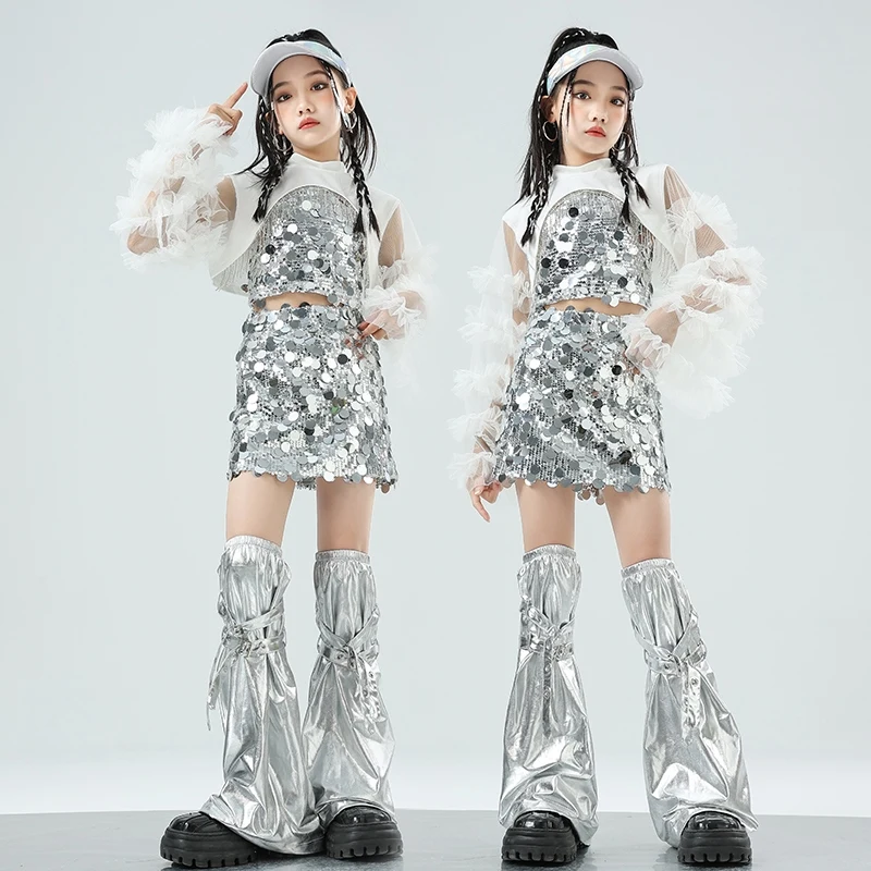 Jazz Dance Performance Costume Girls Silver Sequin Kpop Stgae Outfit Kids Fashion Clothes Streetwear Glitter Tops Skirt VDL2072