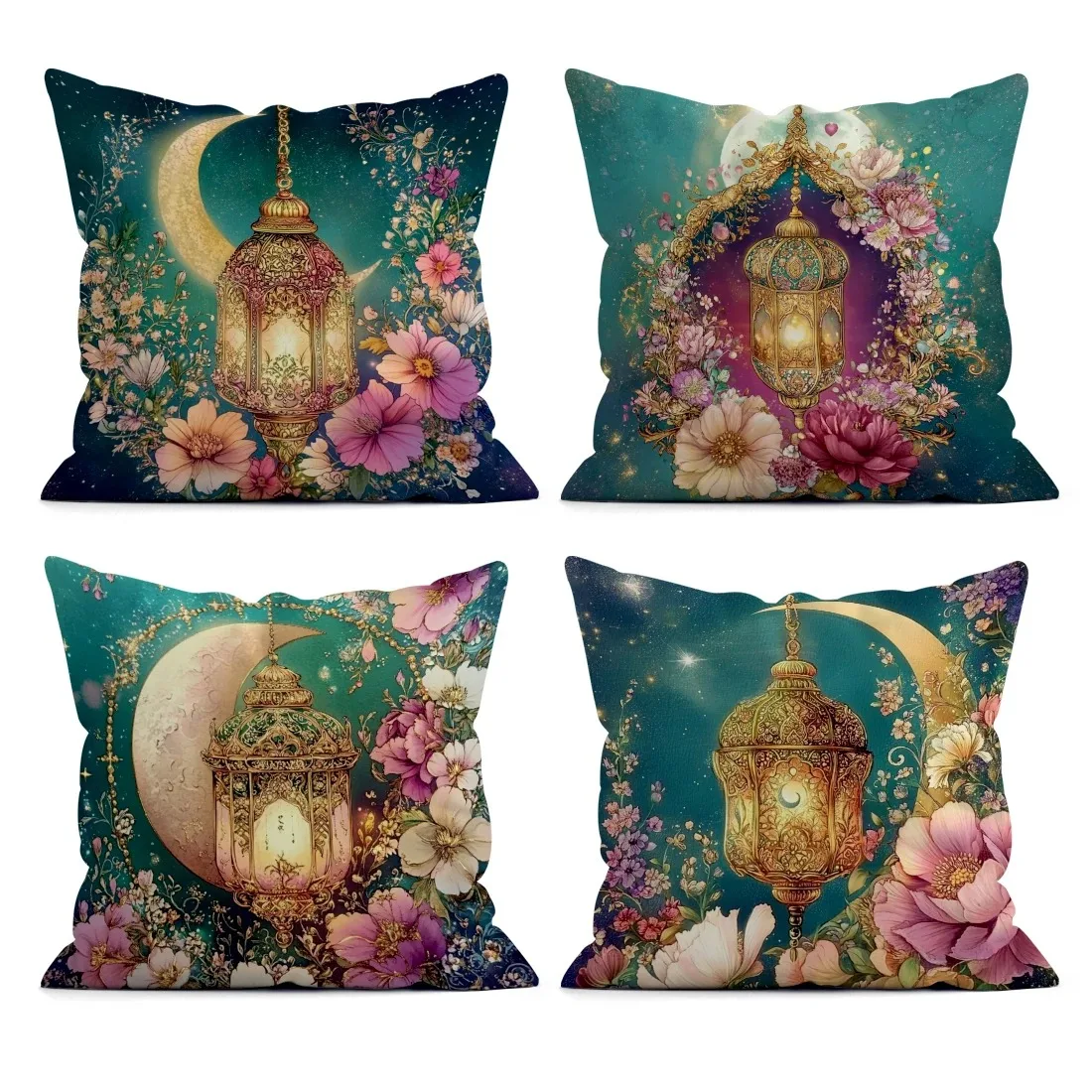 Ramadan decoration pillowcase, fasting lamp, crescent moon and floral pattern design, sofa cushion cover, home decoration gifts