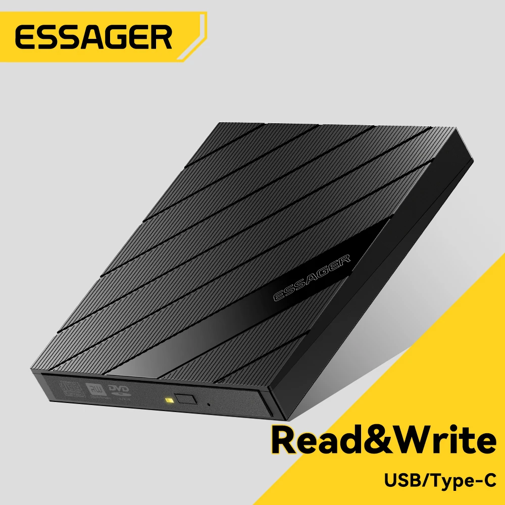 Essager External CD DVD RW Drive 24X Read 8X Burn USB 3.0 Type-C Driver Free Plug for Laptop Linux Portable with Cable Storage