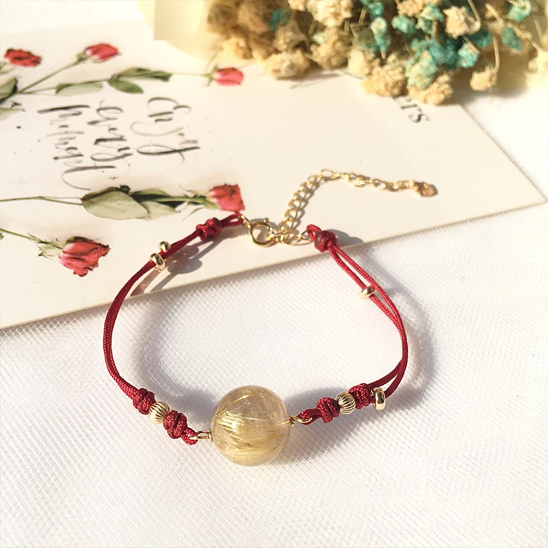 

Handmade Braid Bracelets Natural Gold Rutilated Quartz Bead Bracelet For Women Minimalism Adjustable Woven Rope Jewelry