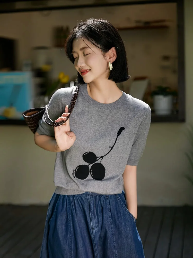Birdtree, 55% Real Silk Jacquard Tshirt, O-neck Short Sleeve Tops, Women Thin Knitted Breathable Shirt, 2026 Autumn New T67808JF