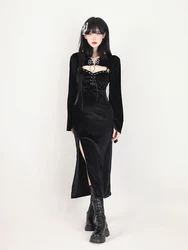 New In 2023 Women New X-long High Slit Dress Set  Halloween Hooded Long Flare Sleeve Slim Sexy Gothic Black Strap Dresses Set