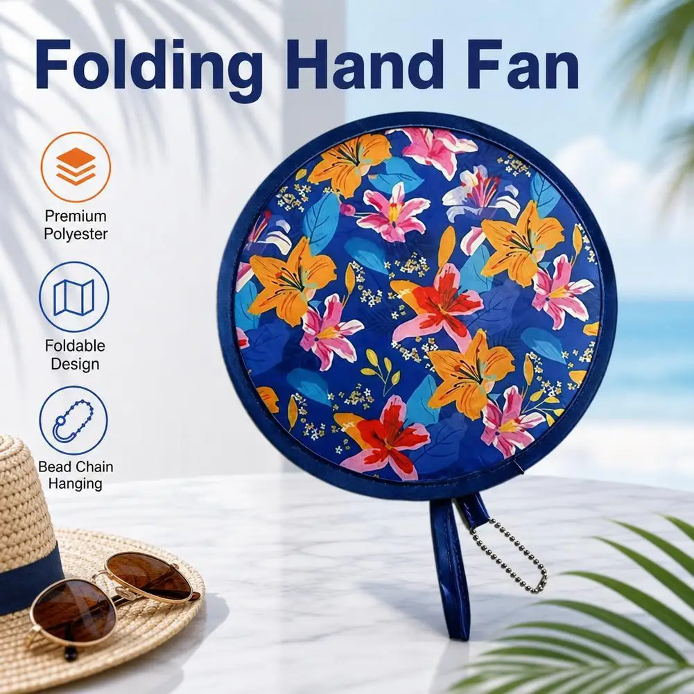 Foldable Hand Fan Pocket Portable Mini Handheld Cooling Fan Lightweight With Hanging Chain Sturdy Frame Stylish Printed Pattern