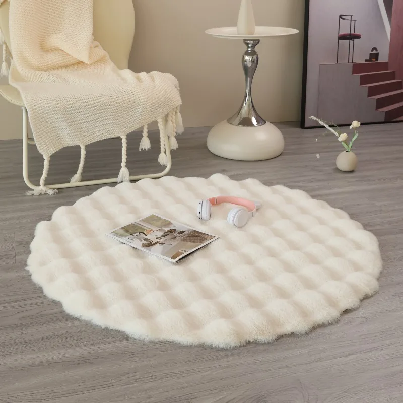 Cream-colored Rabbit Fur Round Carpet Sofa Cushion Floor Mat Living Room Coffee Table Plush Carpet Bubble Fleece
