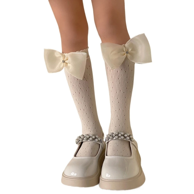 1 Pair Girls Ruffle Top Ankle Socks with Bows, Soft Nylon Party Dress Calf Length Socks Middle Tube Socks for Daily Wear