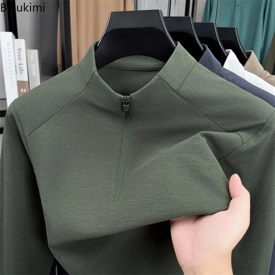 

Men's Half Zip Long Sleeved T-shirt New Style Standing Collar Sweatshirt Spring and Autumn Solid Color Base Shirt Tops for Men