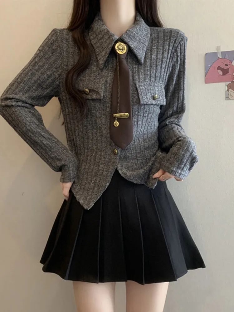 

Шикарный клетчатый комплект JK: юбка и асимметричный вязаный топ больших размеров для осени и зимы, женская одежда в стиле колледж