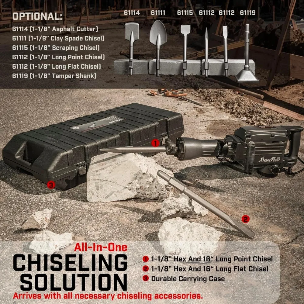 XtremepowerUS Pro-Series 2200 Вт Электрический молоток для сноса Бетонолом Мощность с плоским долотом и точечным долотом с Ca