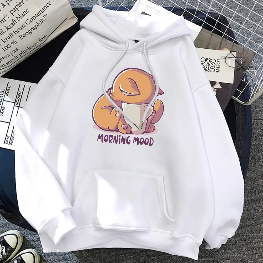 Women Hoody Cartoons Street Pullover Loose Casual Hoodies Fleece Oversized Sweatshirt Women Cat Is Looking At The Cup Lovely