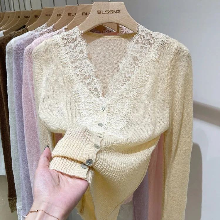 Sexy White V-neck Lace Knitted Tops Women 2024 Spring Autumn New Bottoming Cardigan Y2k Slim Fit Long Sleeve Sweaters Mujer