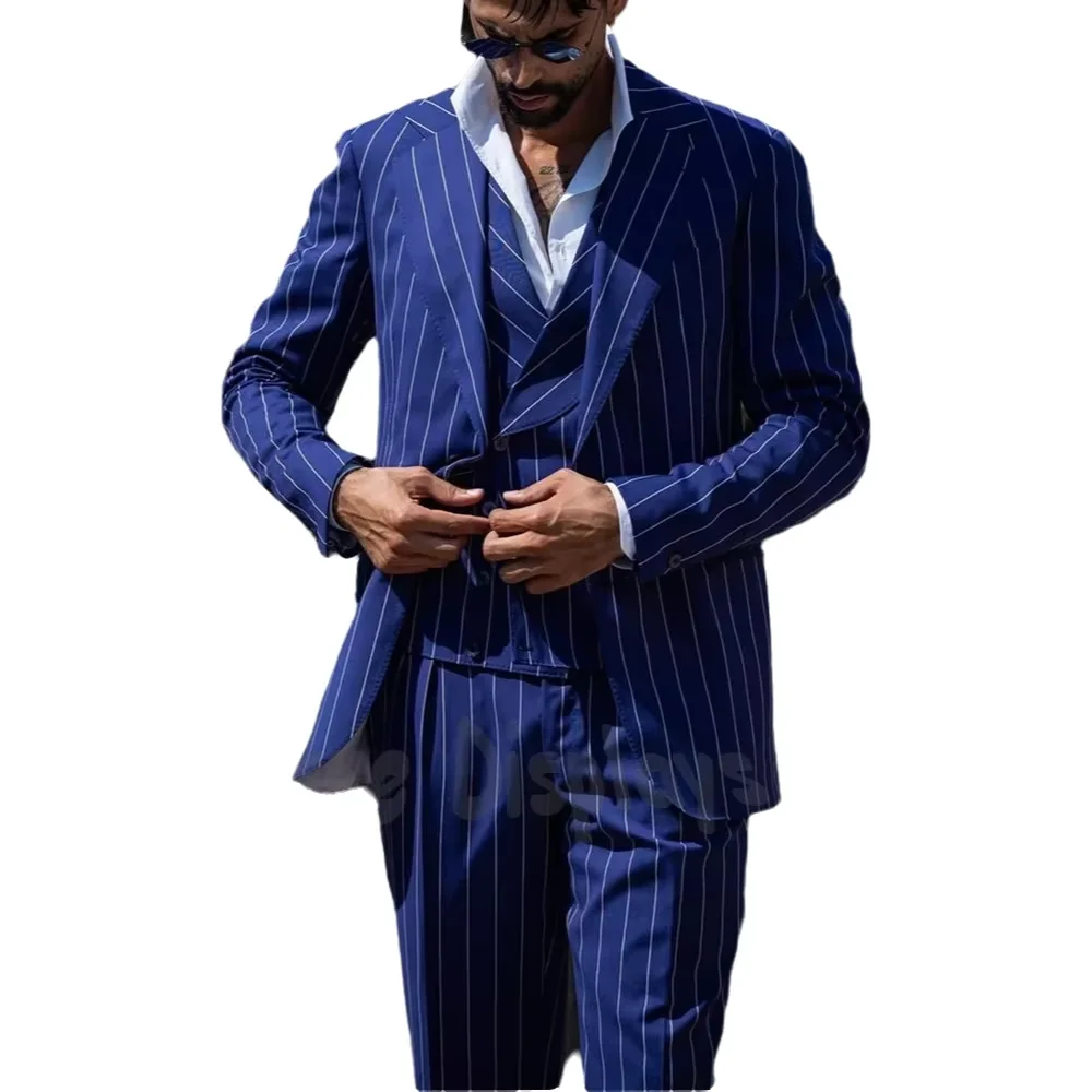Royal Blue Stripe 3 Piece Men Suit Stylish Notch Lapel Single Breasted Blazer Matching Vest Pants Straight Retro Casual Male Set