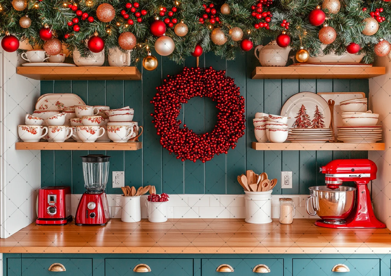 Cozy Xmas Kitchen Backdrop Green Wood Wall Red Berry Wreath Pine Bauble Kitchenware Holiday Food Portrait Photo Background