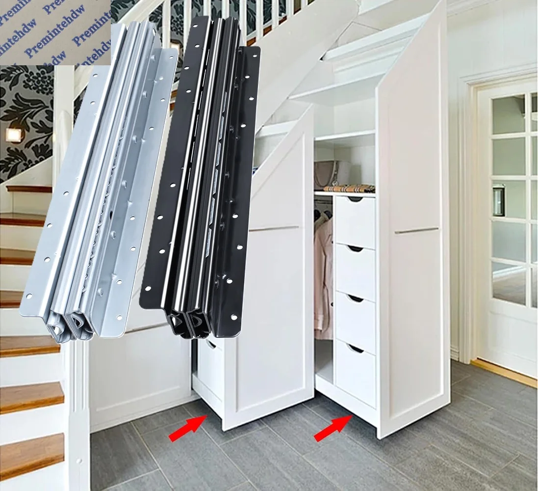 1Pair Heavy Floor Mount Pull Out Drawer Slide For Under Stair Storage Silver Black