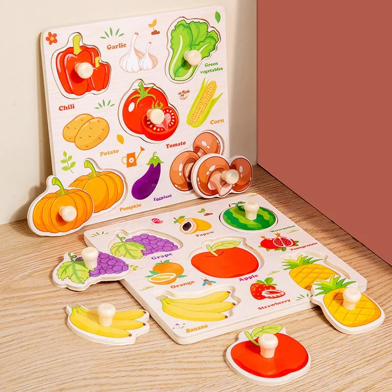 

Montessori Wooden Puzzles for Children Animal Fruit Hand Grab Board Cognition Jigsaw Puzzle Game Learning Educational Toys