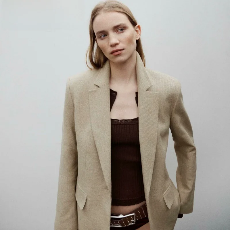

Spring New Women's One-Button oulder Pad Straight Leg Collar Long Sve Casual Suit Jaet Commute Sle Regular Sve
