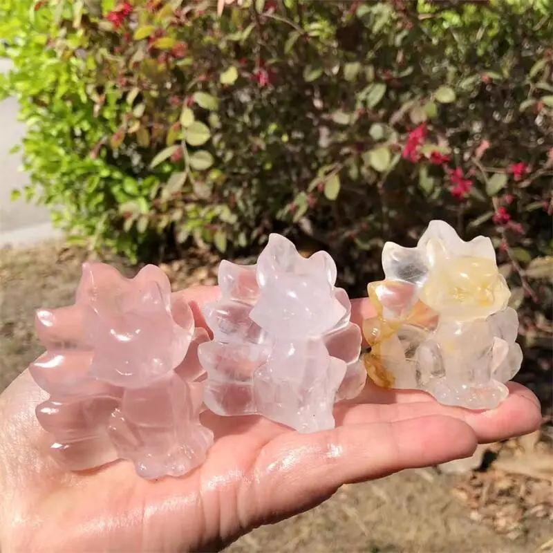 1PCS Natural Crystal Quartz Hematoid Nine-Tailed Fox Carving Unique Home Decor Collection Gift Beautiful Stone