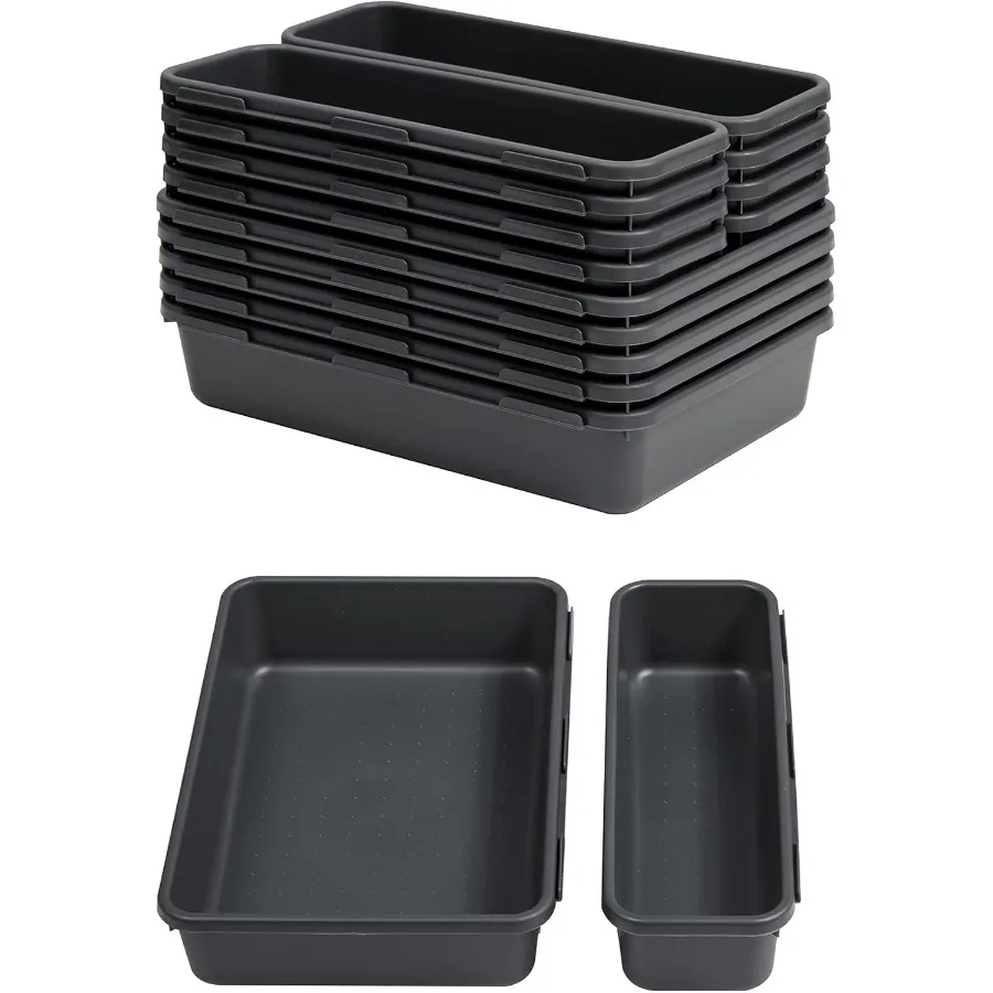 

13 PCS Drawer Organizer Tray Interlocking Office Desk Drawer Storage Black Plastic Organizer Bins for Office Supplies and Tools