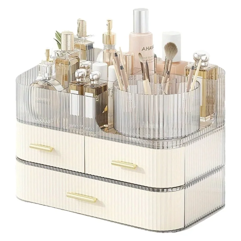 360° Rotating Makeup Organizer with Drawers, Large Clear Cosmetic Storage Box for Vanity Table, Multi-Layer Skincare & Makeup