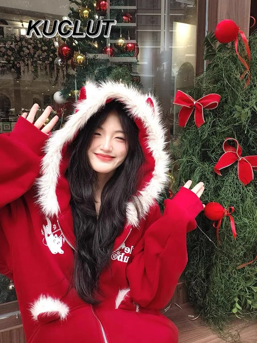 

Christmas New Year American Style Red Plush Sweatshirt Women's Hooded Cardigan Coat Fleece Lined Thickened Fur Collar Coats