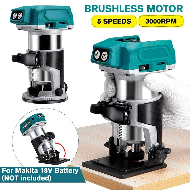 

30000 RPM 5 Speeds Brushless Cordless Electric Hand Trimmer Inclined Socket Wood Router for 18V Lithium Battery