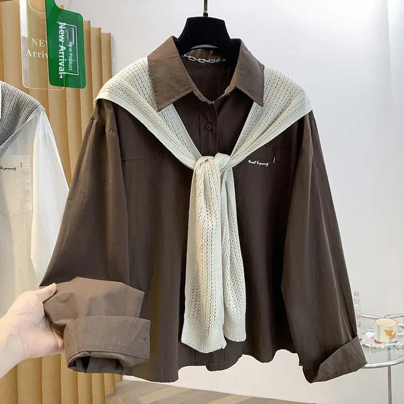 Casual Loose Women's Shirt Cardigan Two-Piece Set Spring Autumn Style Turn-down Collar Comfortable Fit Polyester Long Sleeve