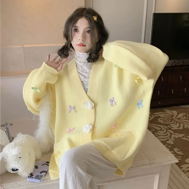 

Candy-Colored Bow V Neck Three-Dimensional Sweater Flowers Knitted Cardigan Women Sweater Coat Korean Cute Knitwear Casual