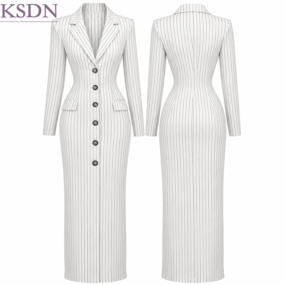 Luxury White Stripe Women's Maxi Blazer High Quality Single Breasted Notch Lapel 1 Piece Jacket Fashion Female Clothing