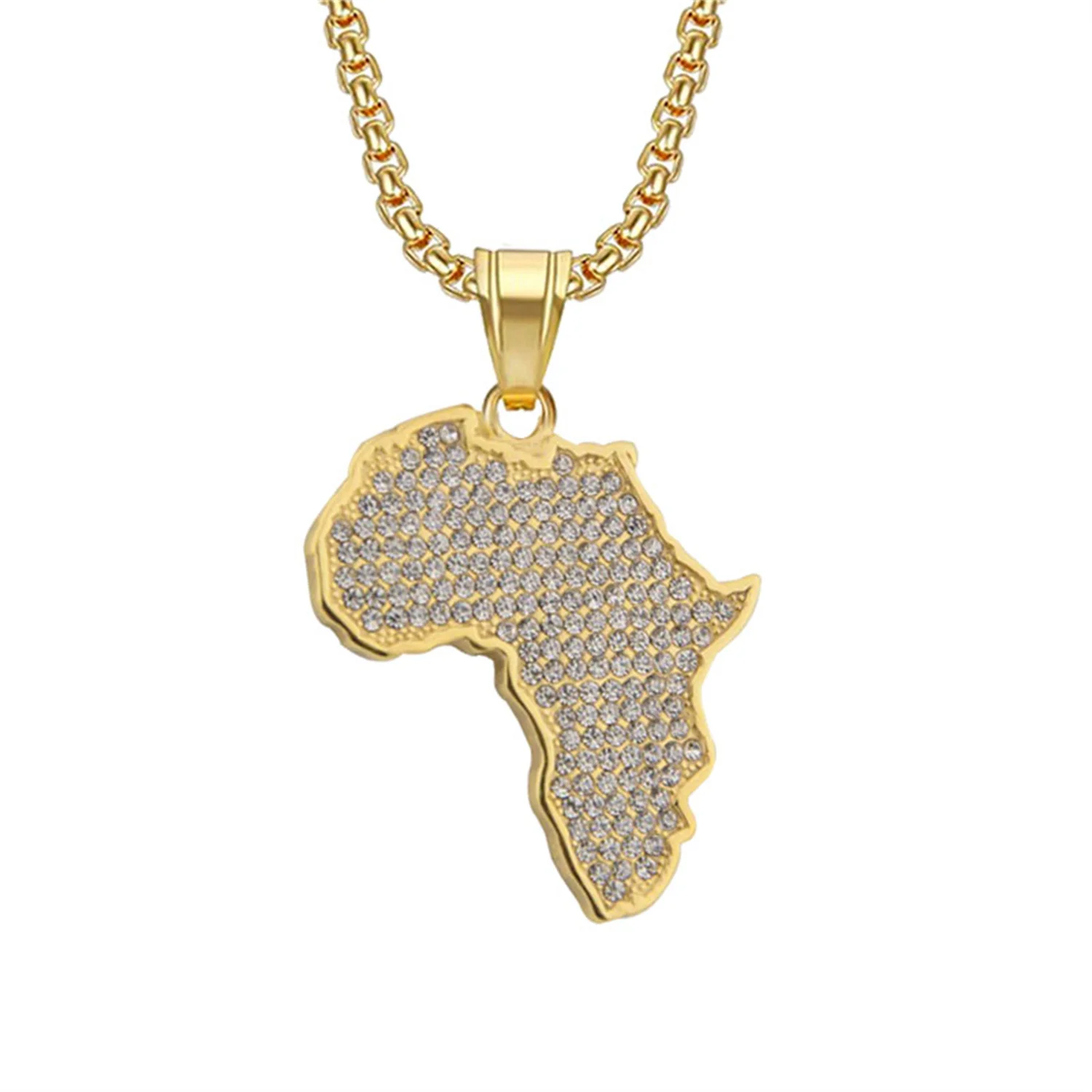 

Hip Hop Iced Out Africa Map Pendant Dropshipping Gold Color Stainless Steel African Map Necklace for Men Party Jewelry Gift